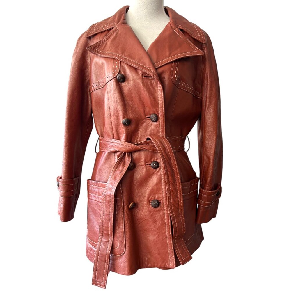 24K Leather by dan di modes vintage 70s brown‎ leather belted trench coat sz S*